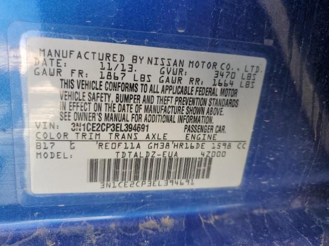 3N1CE2CP3EL394691 - 2014 NISSAN VERSA NOTE S BLUE photo 12