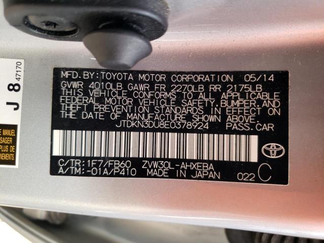 JTDKN3DU8E0378924 - 2014 TOYOTA PRIUS SILVER photo 12