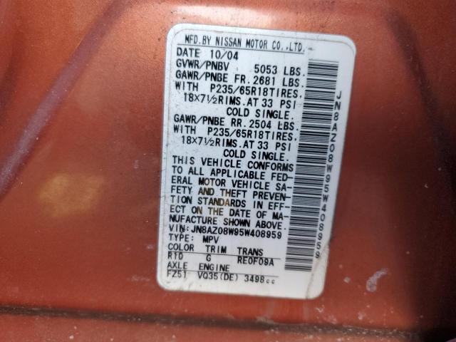 JN8AZ08W95W408959 - 2005 NISSAN MURANO SL ORANGE photo 13