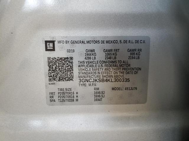 3GNCJKSB4KL300335 - 2019 CHEVROLET TRAX LS SILVER photo 12