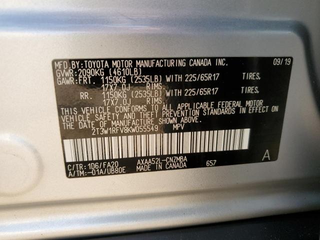 2T3W1RFV8KW055549 - 2019 TOYOTA RAV4 XLE SILVER photo 14