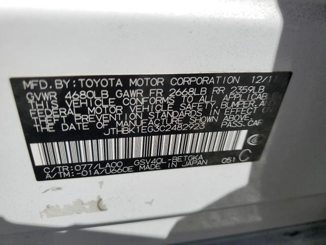 JTHBK1EG3C2482923 - 2012 LEXUS ES 350 WHITE photo 12