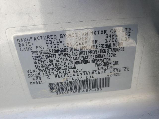 3N1CN7AP0GL876358 - 2016 NISSAN VERSA S SILVER photo 13