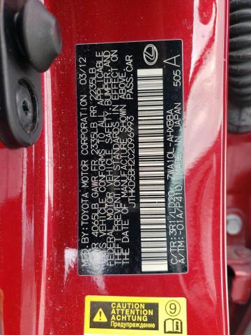 JTHKD5BH2C2096993 - 2012 LEXUS CT 200 RED photo 12