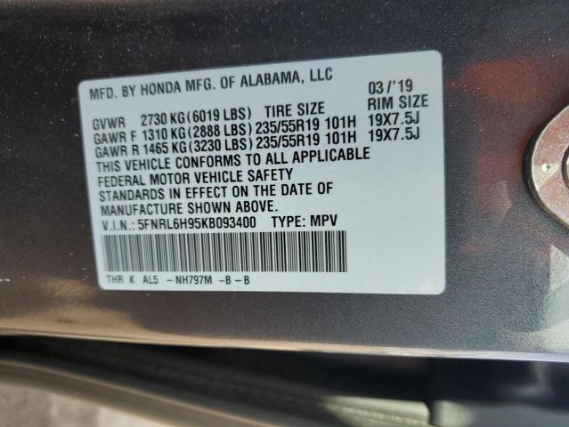 5FNRL6H95KB093400 - 2019 HONDA ODYSSEY ELITE Grafito foto 13