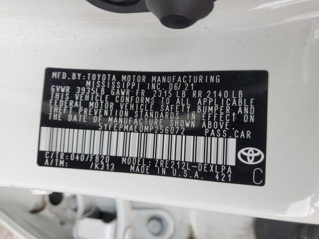 5YFEPMAE0MP256072 - 2021 TOYOTA COROLLA LE WHITE photo 12