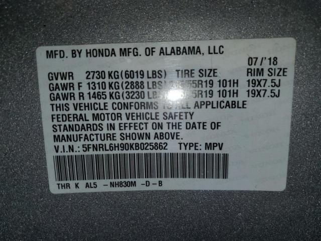 5FNRL6H90KB025862 - 2019 HONDA ODYSSEY ELITE Gris foto 14