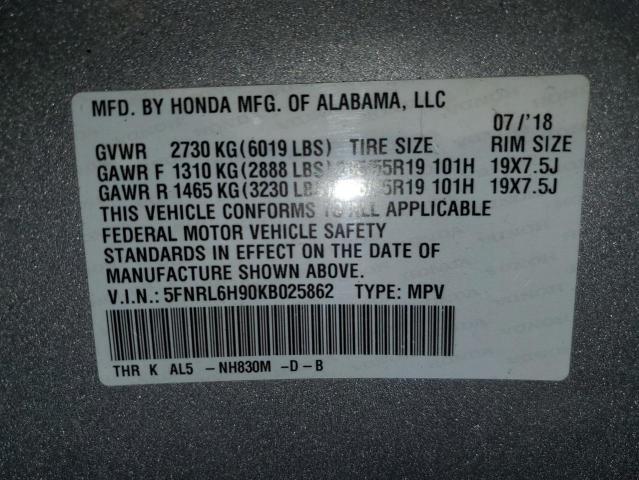 5FNRL6H90KB025862 - 2019 HONDA ODYSSEY ELITE GRAY photo 14