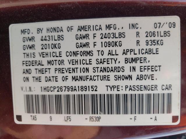 1HGCP26799A189152 - 2009 HONDA ACCORD EX BURGUNDY photo 12