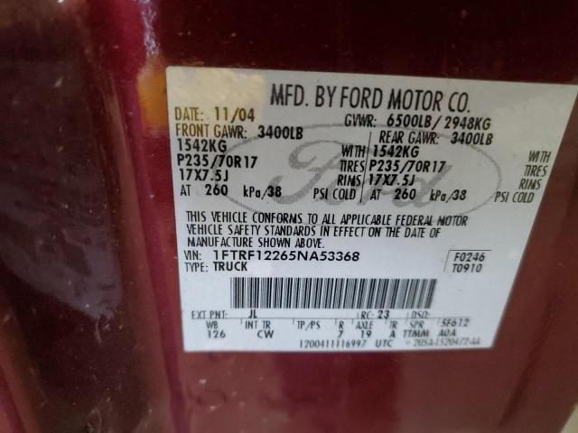 1FTRF12265NA53368 - 2005 FORD F150 BURGUNDY photo 12