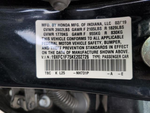19XFC1F75KE202726 - 2019 HONDA CIVIC EXL შავი ფოტო 12
