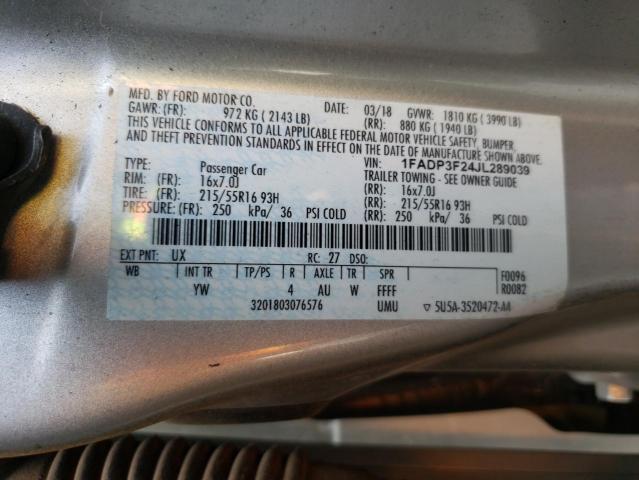 1FADP3F24JL289039 - 2018 FORD FOCUS SE SILVER photo 12