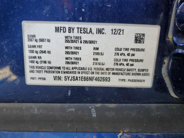 5YJSA1E66NF462693 - 2022 TESLA MODEL S BLUE photo 12