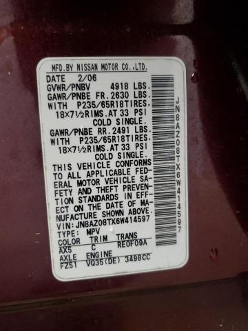 JN8AZ08TX6W414597 - 2006 NISSAN MURANO SL BURGUNDY photo 13