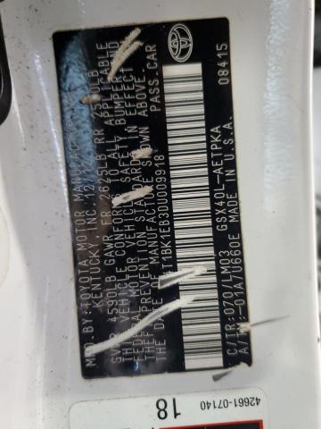 4T1BK1EB3DU009918 - 2013 TOYOTA AVALON BASE 白色 照片 12