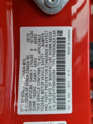 2HGFE1F78NH326364 - 2022 HONDA CIVIC EX RED photo 12