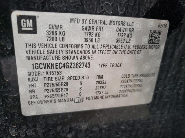 1GCVKNEC4GZ362743 - 2016 CHEVROLET SILVERADO K1500 BLACK photo 12