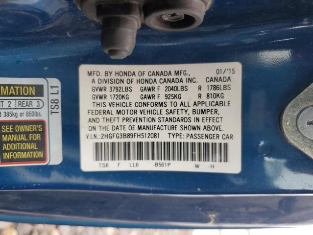 2HGFG3B89FH512081 - 2015 HONDA CIVIC EX BLUE photo 12