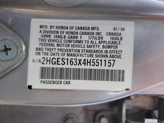 2HGES163X4H551157 - 2004 HONDA CIVIC DX VP ვერცხლისფერი ფოტო 12