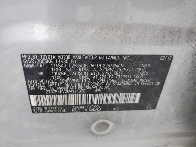 2T3ZF4DV2CW111376 - 2012 TOYOTA RAV4 SILVER photo 13