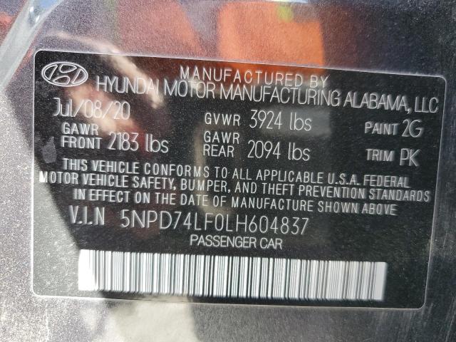 5NPD74LF0LH604837 - 2020 HYUNDAI ELANTRA SE GRAY photo 12