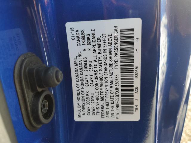 2HGFC3B7XJH350733 - 2018 HONDA CIVIC EXL BLUE photo 12