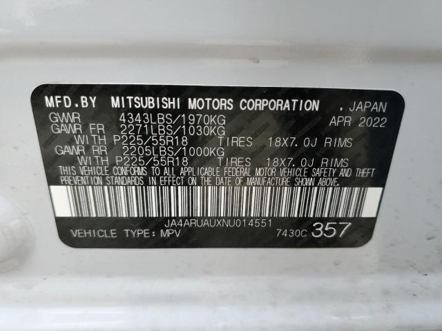 JA4ARUAUXNU014551 - 2022 MITSUBISHI OUTLANDER ES WHITE photo 13