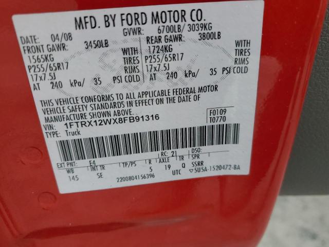 1FTRX12WX8FB91316 - 2008 FORD F150 2WD RED photo 12