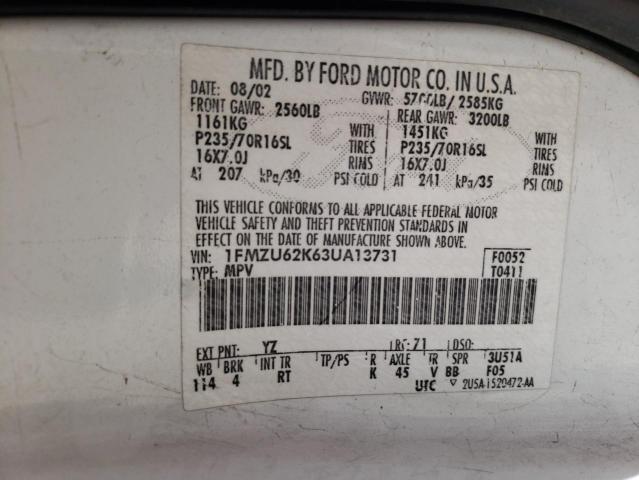 1FMZU62K63UA13731 - 2003 FORD EXPLORER XLS WHITE photo 13