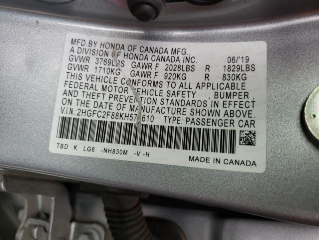 2HGFC2F88KH576610 - 2019 HONDA CIVIC SPORT 银色 照片 12