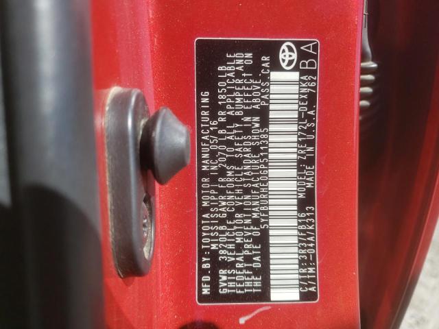 5YFBURHE0GP511385 - 2016 TOYOTA COROLLA L RED photo 13