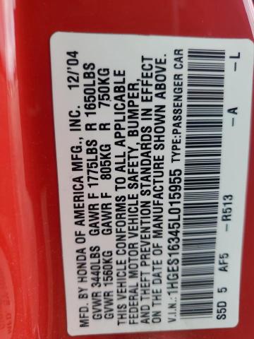 1HGES16345L015955 - 2005 HONDA CIVIC DX VP Qırmızı foto 12