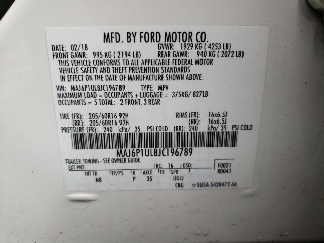 MAJ6P1UL8JC196789 - 2018 FORD ECOSPORT SE WHITE photo 12