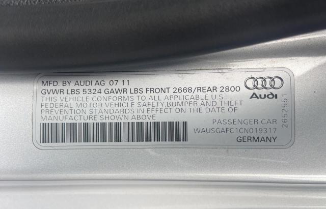 WAUSGAFC1CN019317 - 2012 AUDI A7 PRESTIGE SILVER photo 10