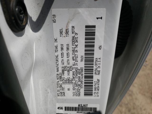 5TFUM5F14JX078003 - 2018 TOYOTA TUNDRA DOUBLE CAB SR/SR5 WHITE photo 12