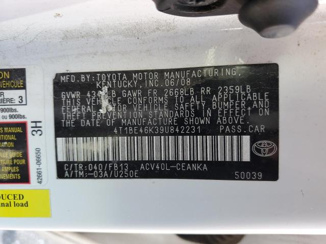 4T1BE46K39U842231 - 2009 TOYOTA CAMRY BASE WHITE photo 12