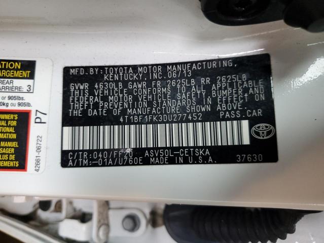 4T1BF1FK3DU277452 - 2013 TOYOTA CAMRY L WHITE photo 12