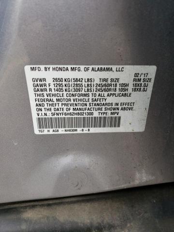 5FNYF6H62HB021300 - 2017 HONDA PILOT EXL SILVER photo 12