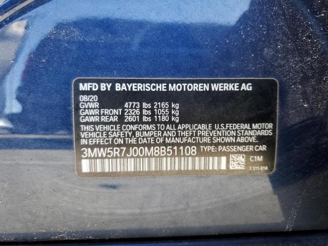 3MW5R7J00M8B51108 - 2021 BMW 330XI BLUE photo 12