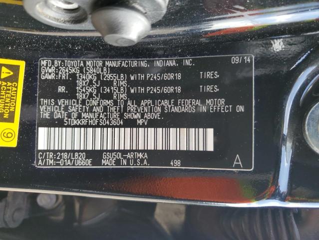 5TDKKRFH0FS043604 - 2015 TOYOTA HIGHLANDER XLE BLACK photo 14