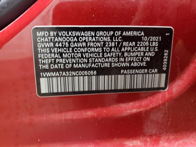 1VWMA7A32NC005056 - 2022 VOLKSWAGEN PASSAT R-LINE წითელი ფოტო 13