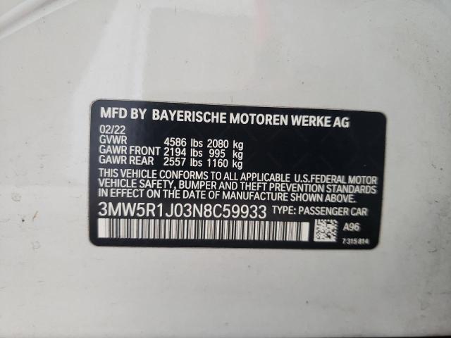 3MW5R1J03N8C59933 - 2022 BMW 330I WHITE photo 12