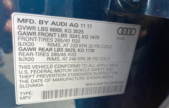 WA1LAAF7XJD025383 - 2018 AUDI Q7 PREMIUM PLUS TEAL photo 10