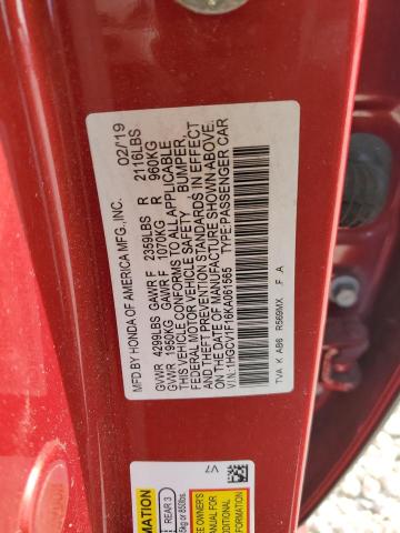 1HGCV1F16KA061565 - 2019 HONDA ACCORD LX RED photo 12