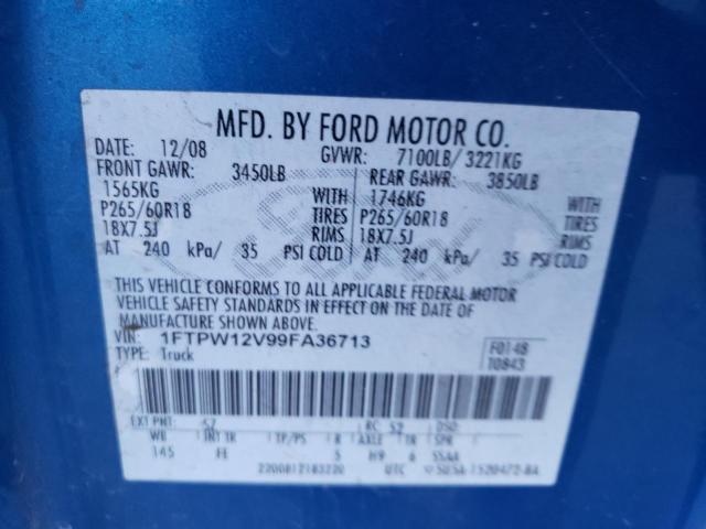 1FTPW12V99FA36713 - 2009 FORD F150 SUPERCREW BLUE photo 12