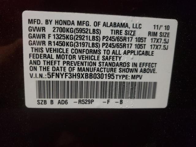 5FNYF3H9XBB030195 - 2011 HONDA PILOT TOURING MAROON photo 13