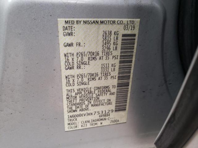 1N6DD0EV3KN753129 - 2019 NISSAN FRONTIER SV SILVER photo 12