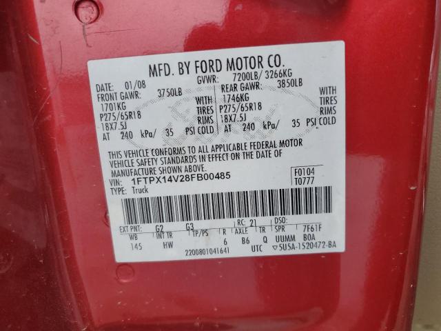 1FTPX14V28FB00485 - 2008 FORD F150 RED photo 12