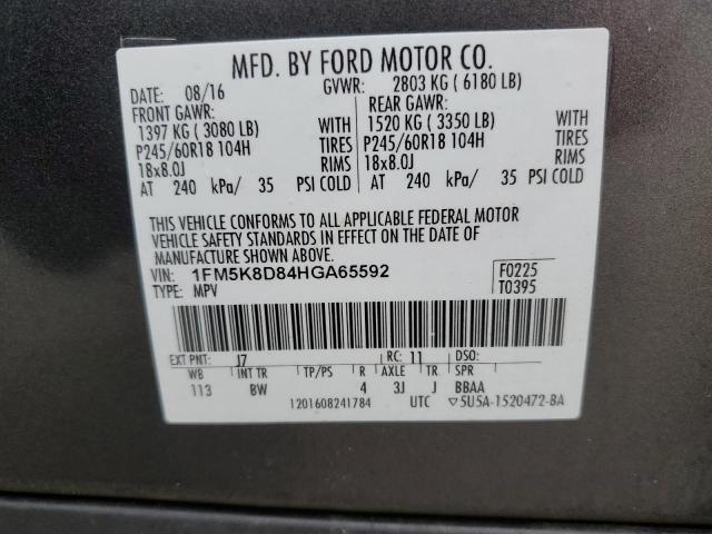 1FM5K8D84HGA65592 - 2017 FORD EXPLORER XLT GRAY photo 13