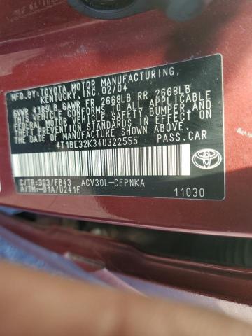 4T1BE32K34U322555 - 2004 TOYOTA CAMRY LE BURGUNDY photo 12